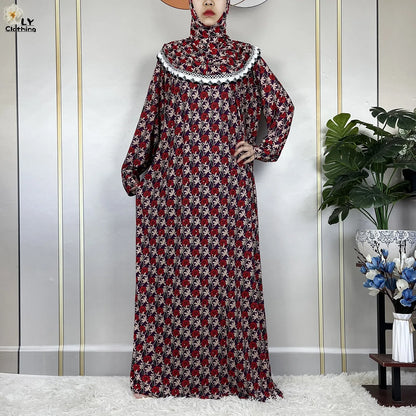 Muslim Ramadan Prayer For Women Long Sleeved Floral 2023Dubai Turkey Middle East Femme Loose Robe African Abayas Headscarf Dress.