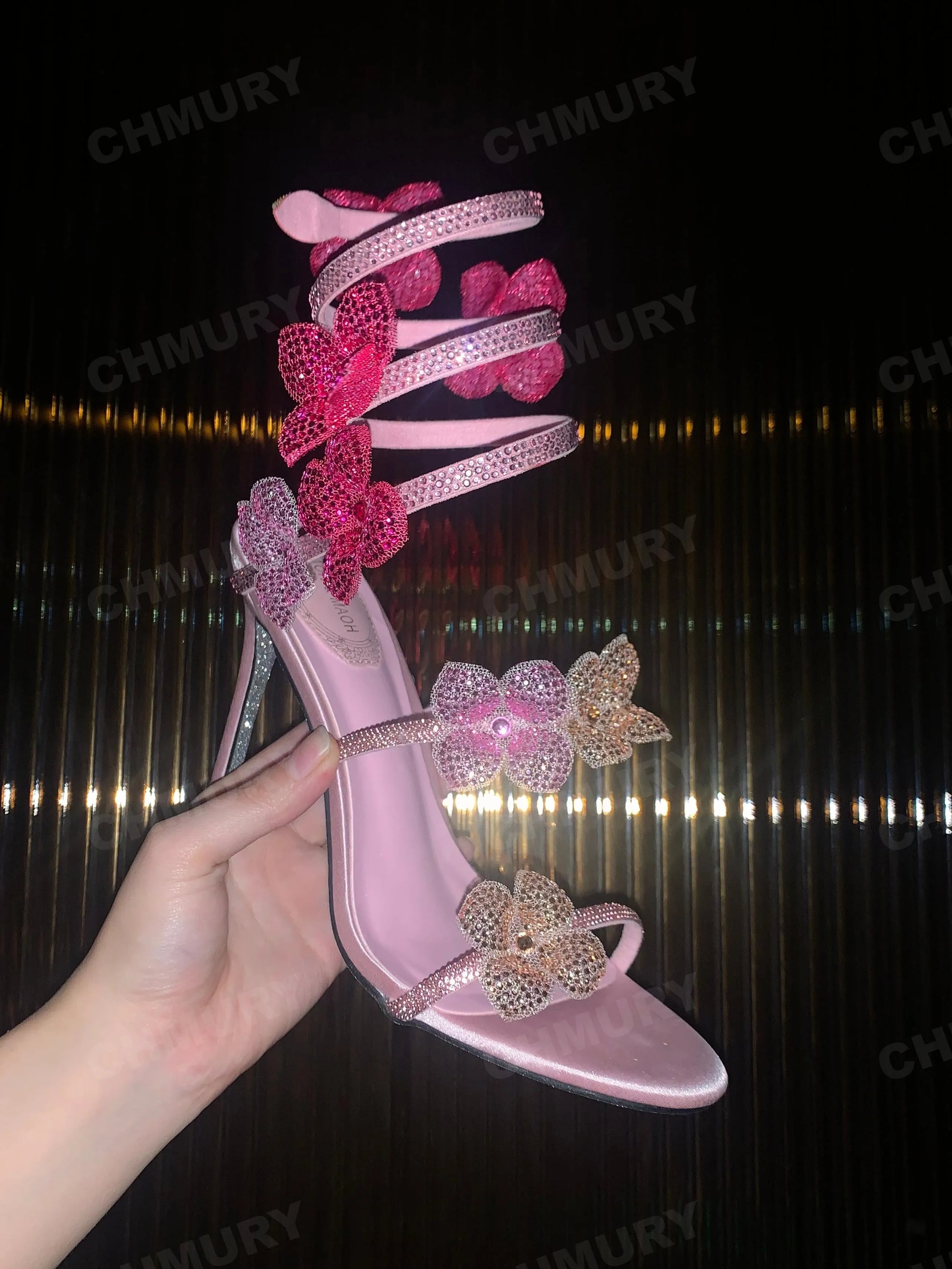 CHMURY Pink Flower Rhinestone High Heels Sandals Shoes Sexy Rose Red Luxury Designer with Wrap Strap  for Women Prom Party 2024.