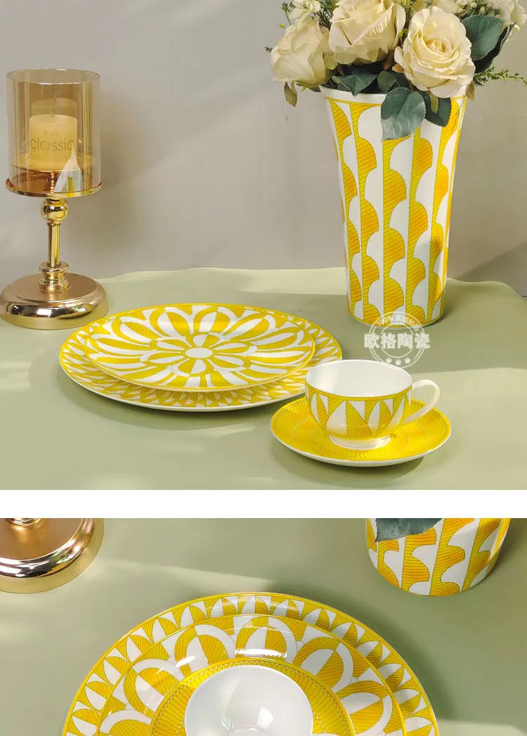 European style tableware, bone china, geometric creativity, home style steak plate dining plate, sunshine cup and plate set gift