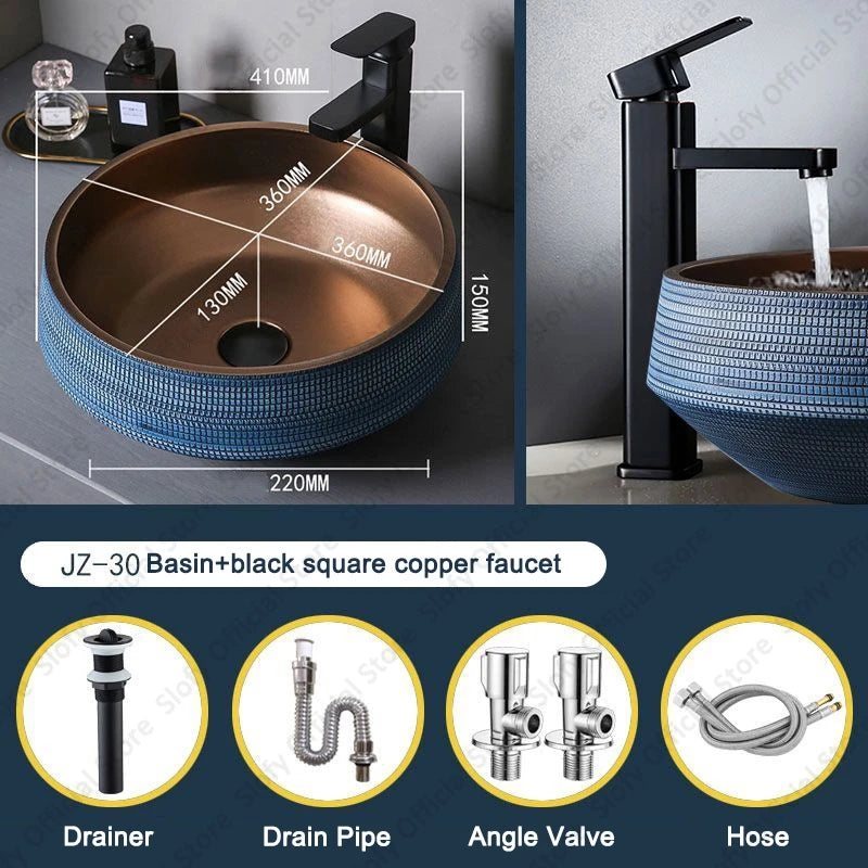 Understated Luxus-Waschbecken aus Metallglasur, Keramik, blaue Muster, Hotel- und Heimwaschbecken, kreative Kunst, Balkon-Waschbecken im Freien