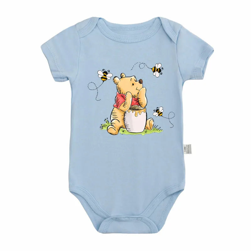 Kawaii Winnie the Pooh Bär und Biene Druck Baby Mädchen Kleidung Kurzarm Baby Body Baumwolle Strampler Neugeborenen Baby Sommer Kleidung.