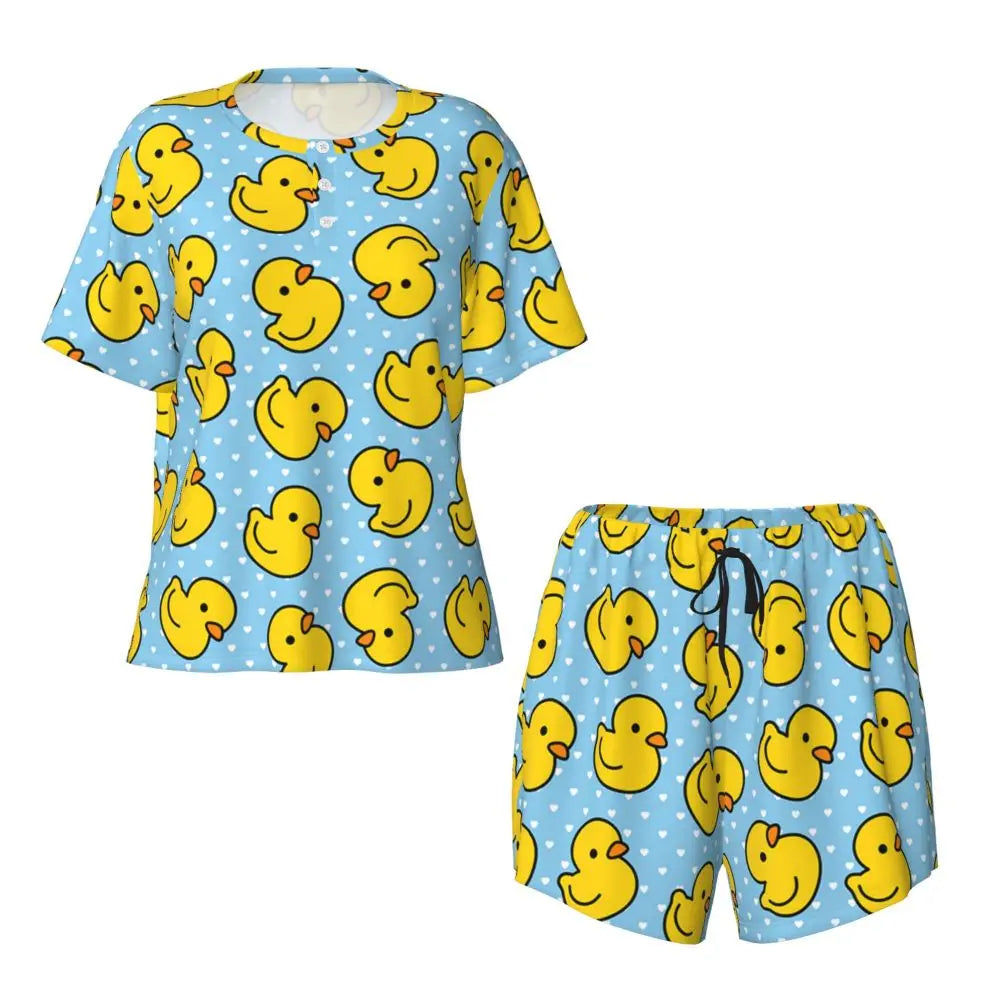 Benutzerdefinierte Frauen Gelb Klassische Gummi Ente Pyjamas Set Gedruckt Zwei-stück Pj Sets Kurzarm Nachtwäsche Loungewear