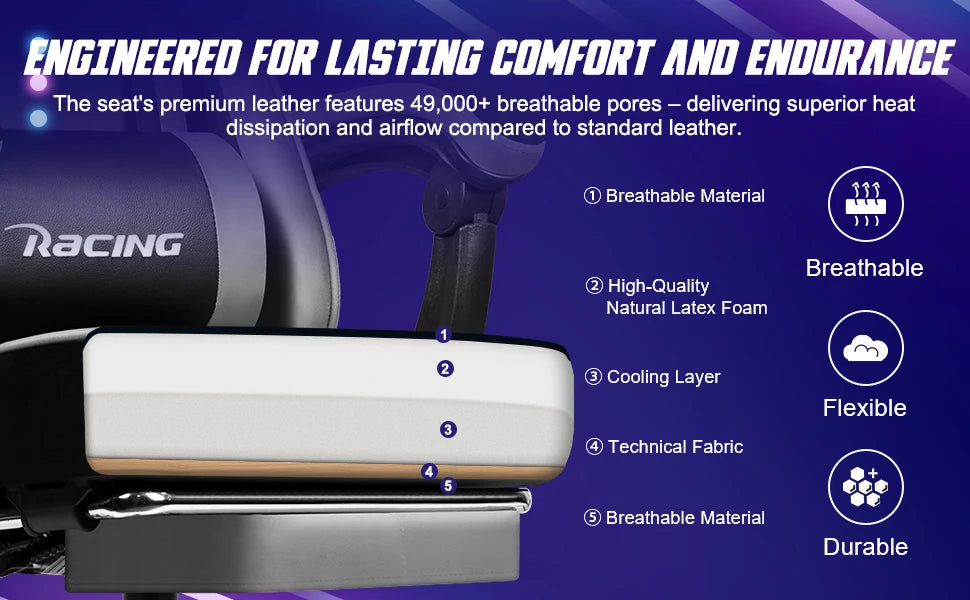 AUTHMIC Ergonomischer Gaming-Stuhl mit 170er °   Liegende Rückenlehne, faltbare Fußstütze, weiche Armlehnen, 150 kg, atmungsaktives Material