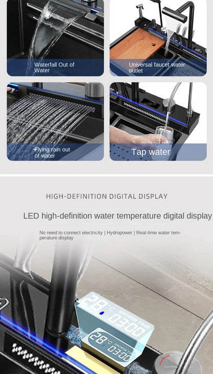 Großes Einzelschlitz-Wasserfallspülbecken aus Edelstahl 304, Digitalanzeige, geprägtes Waschbecken, Haushaltswaschbecken