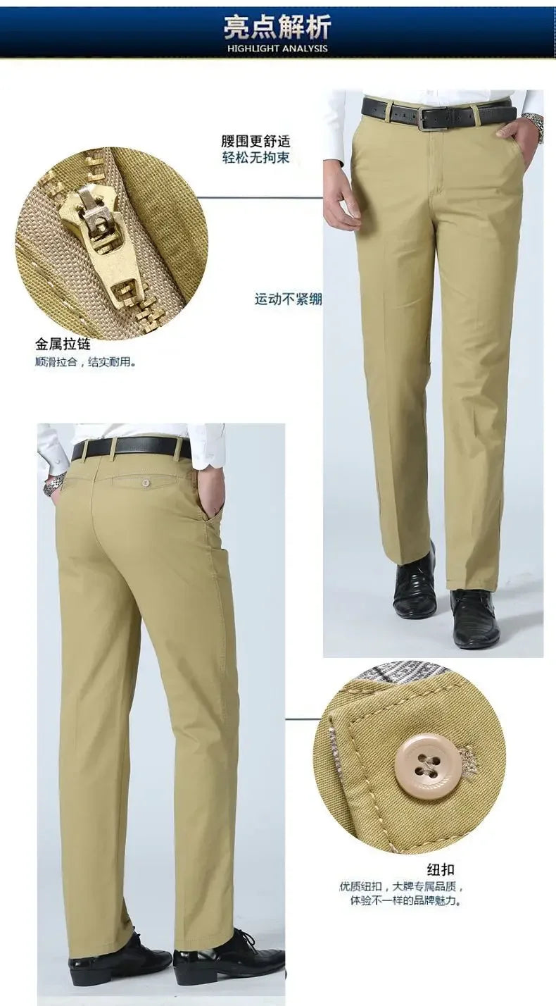 Smart Casual Pure Cotton Anti-Wrinkle High Waist Loose Baggy Straight Thicken Men Spring Autumn Solid Color Mid Casual Pants.