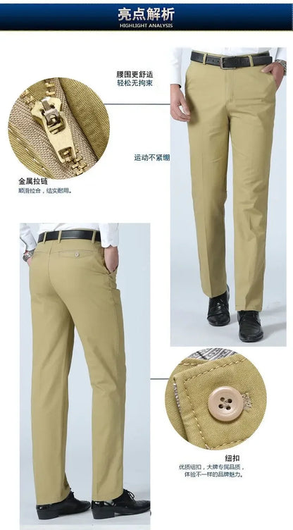 Smart Casual Pure Cotton Anti-Wrinkle High Waist Loose Baggy Straight Thicken Men Spring Autumn Solid Color Mid Casual Pants.