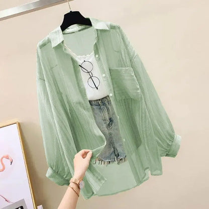 Summer Sunscreen Shirt Elegant Perspective Thin Chiffon Blouse Korean Harajuku See Through Loose Top Casual Women's Cardigan.