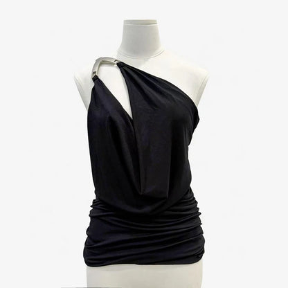 Women's One-Shoulder Metal Button Lace-Up Tank Top,Fashion Sexy Backless Ruched Top,High Quality Cotton Tops,Spring,New,2025.