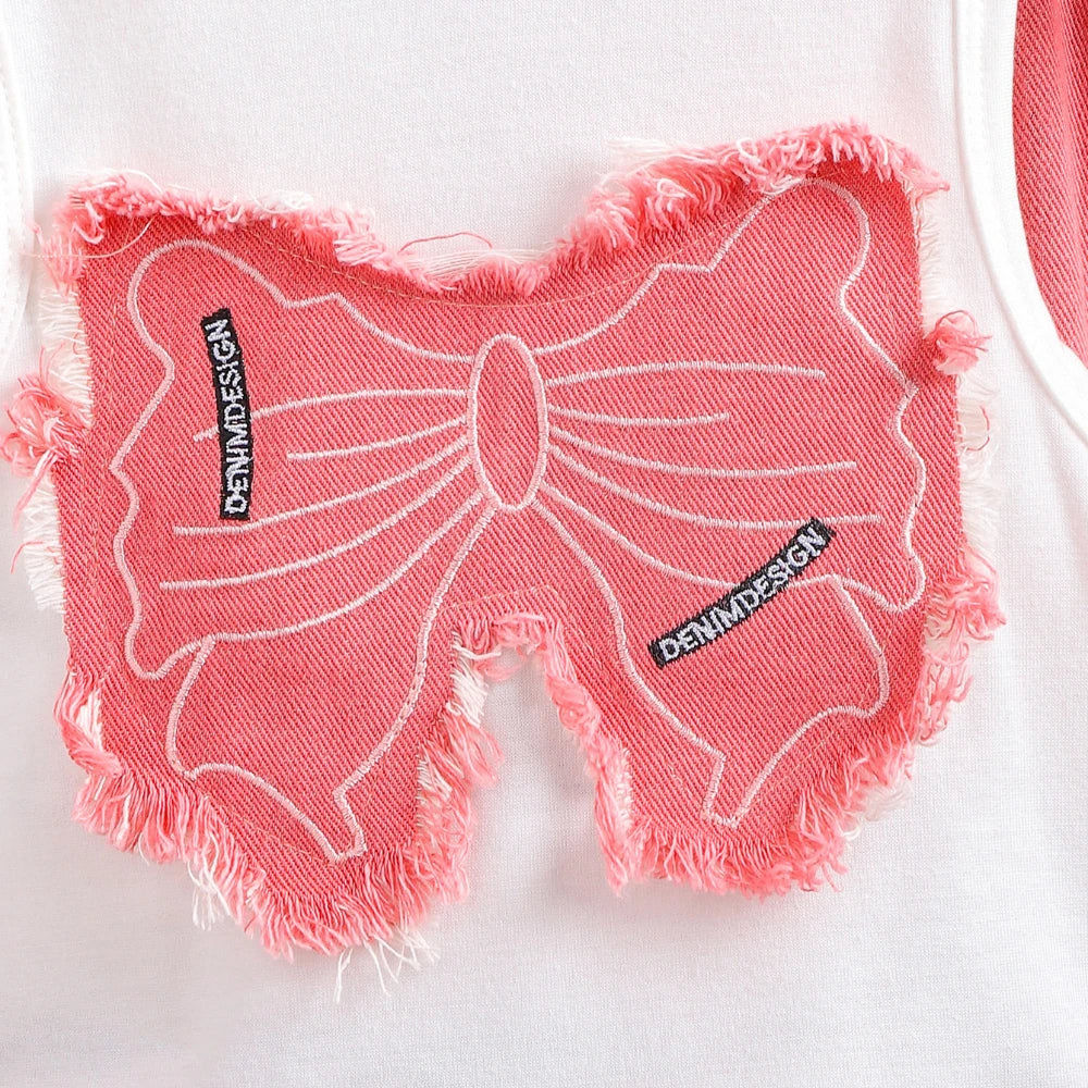 Bear Leader 2025 Summer 4-6 Year Old Streetwear Girls' Sets Sleeveless Butterfly Vest+Pink Cowboy Piercing Patch Pants 2-Pcs Set.