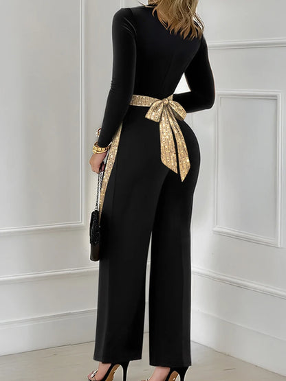 Sequin Bowknot Contrast Sequin Square Neck Long Sleeve Wide Leg Party Jumpsuit.