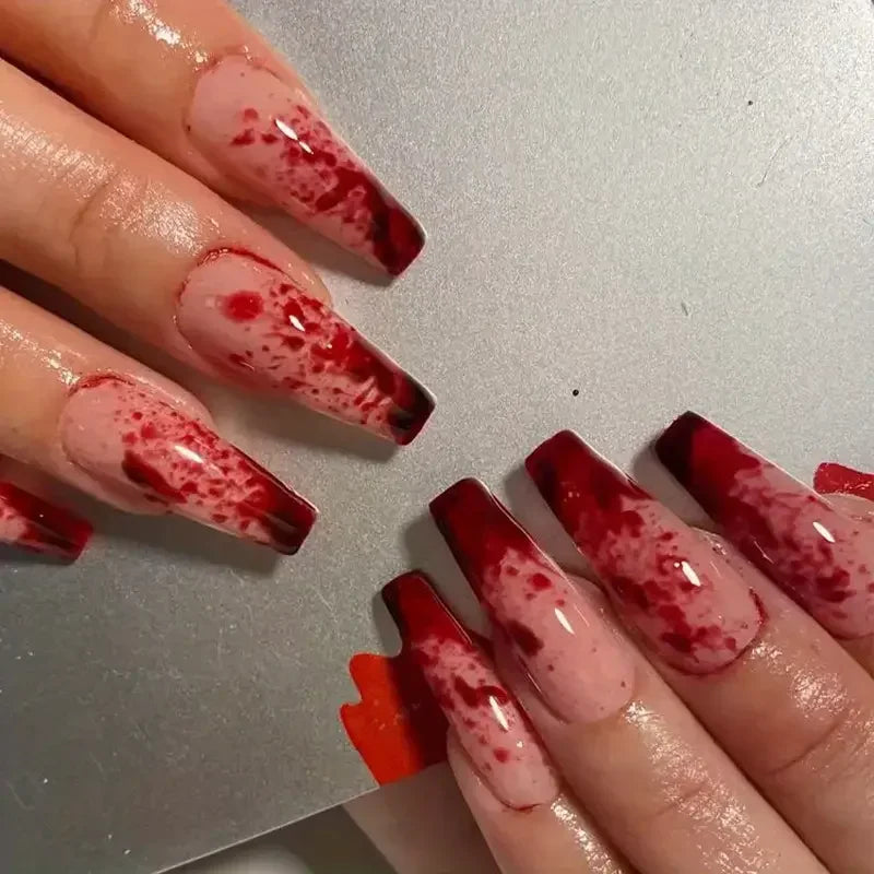 24pcs Blood Splatter Press-On Nails Set Almond-Shaped Long Length Glossy Finish Red and White Faux Nail Kit for Women Halloween.