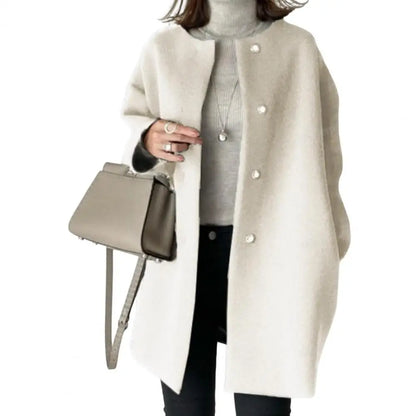Rundhals-Mantel, stilvoller Wollmantel für Damen, Button-Down-Rundhals-Oberbekleidung, mittellange Jacke für Herbst und Winter zum Pendeln.