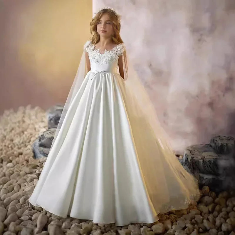 Weißes Mädchen-Hochzeits-Blumenmädchenkleid für Kinder, ärmellos, Ballkleid, langer Zug, Party, Festzug, Klavier, Rezital, Geburtstag, Leistung, Neu.