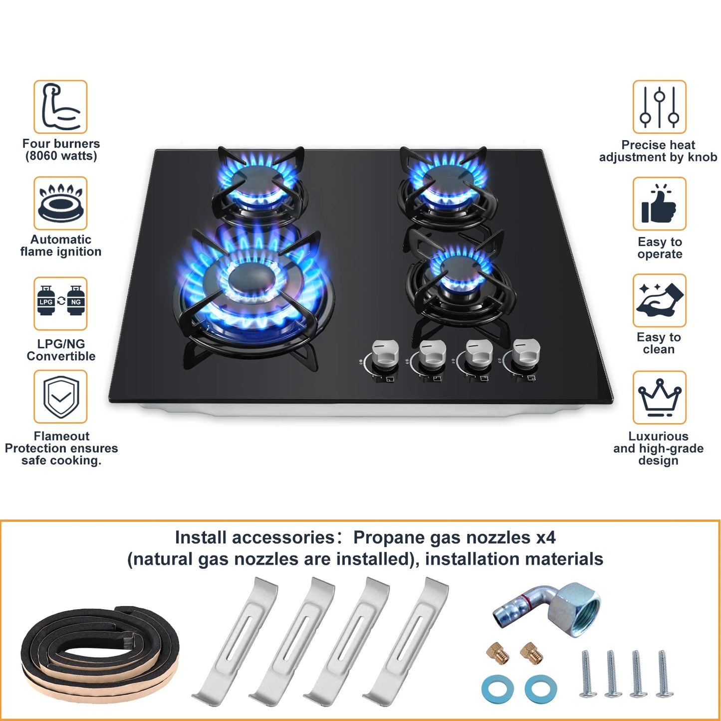 60cm Built-in Gas Hob 4 Burner | Auto Thermocouple & Safety Lock | 4-Zone Tempered Glass 8060W with Auto Ignition.