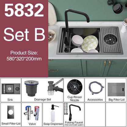 ASRAS Nano Black Small Size Kitchen Sink Cup Washer Hidden Bar Counter Cover Concealed Single Bowl Sinks With Lifting Faucet