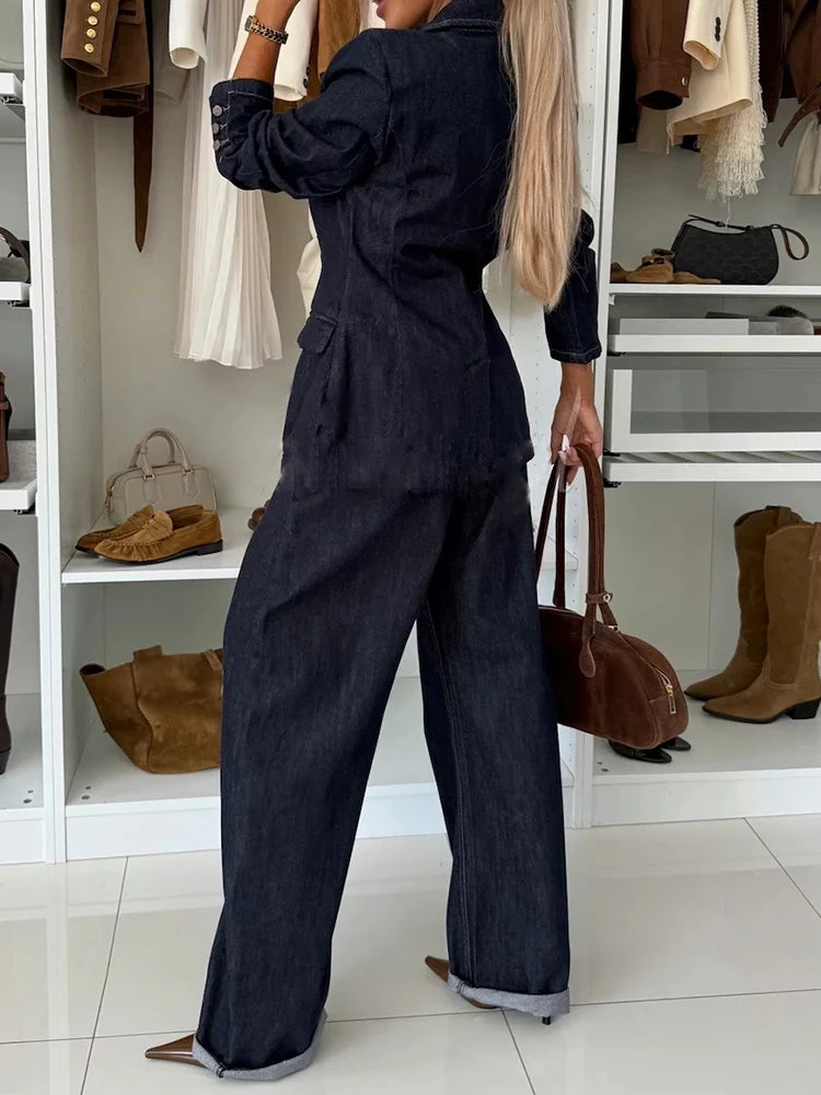 Women's Denim Style Long Sleeve Coat And Straight Pants Two-Piece Sets Autumn Winter Chic Outfit Turn-Down Collar Ladies Suits.