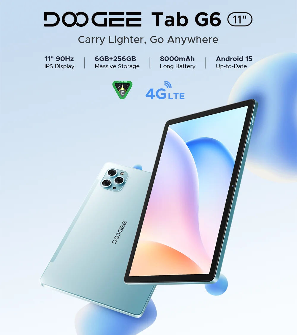 DOOGEE Tab G6 2 IN 1 Smart Tablet PC 11'' Screen Android 15 30GB RAM(6+24) 256GB ROM 8000mAh Battery Dual Speakers Widevine L1.