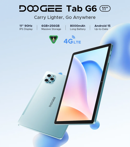 DOOGEE Tab G6 2 IN 1 Smart Tablet PC 11'' Screen Android 15 30GB RAM(6+24) 256GB ROM 8000mAh Battery Dual Speakers Widevine L1.