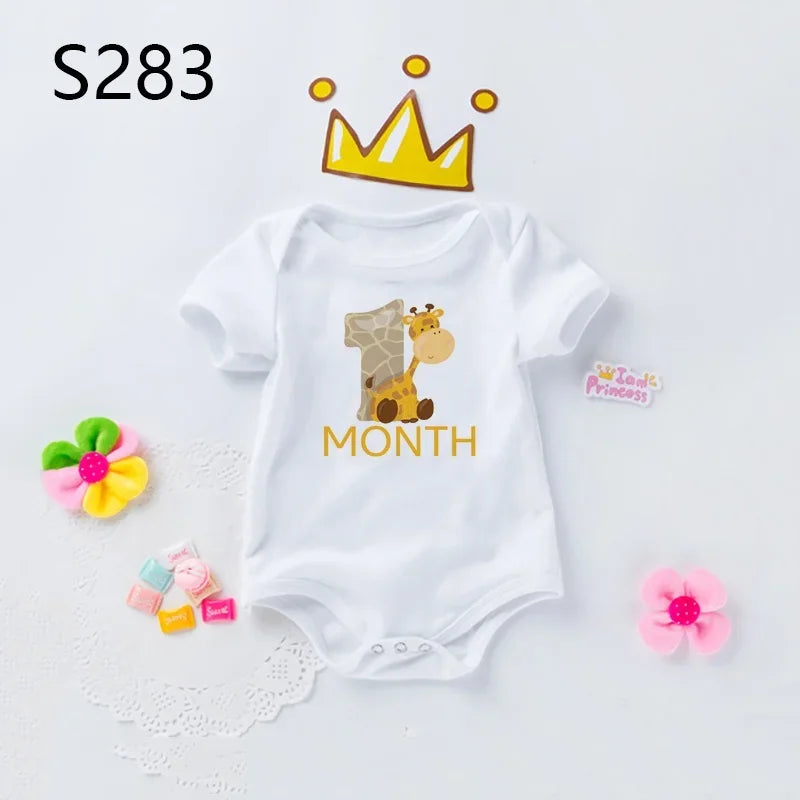 Monatlicher Meilenstein-Baby-Body, niedliches Tier, 1–12 Monate, Einteiler, Babyparty, Geschenk, Monatsbilder, monatliche Overall-Kleidung.