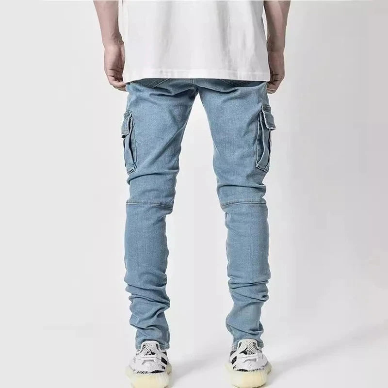 Männer Straße elastische Jeans Jeans waschen einfarbige Multi-Taschen Cargo hose lässig Slim Fit täglich tragen Jogger mittlere Taille Hose.