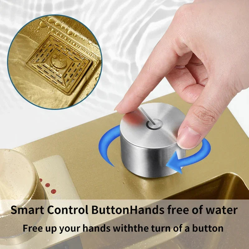 Waterfall Kitchen Sink Gold 304 Stainless Steel Modern Multifuctional Large Sink  Above Counter Apron Front Installation