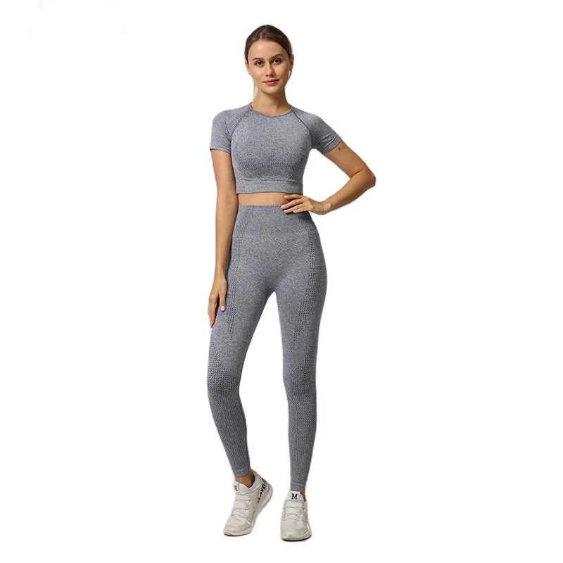 WAREBALL Seamless Yoga Set Women Workout Gym Clothes Fitness Short Sleeve Crop Top Shirt High Waist Leggings Pants Sports Suits.