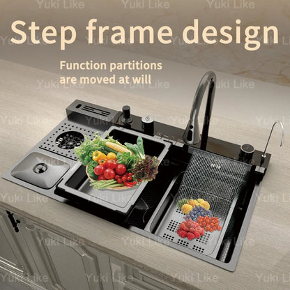 100x50cm Waterfall Kitchen Sink Stainless Steel Extra Large Single Bowl Digital Display Multifunctional Dishwashing Sinks