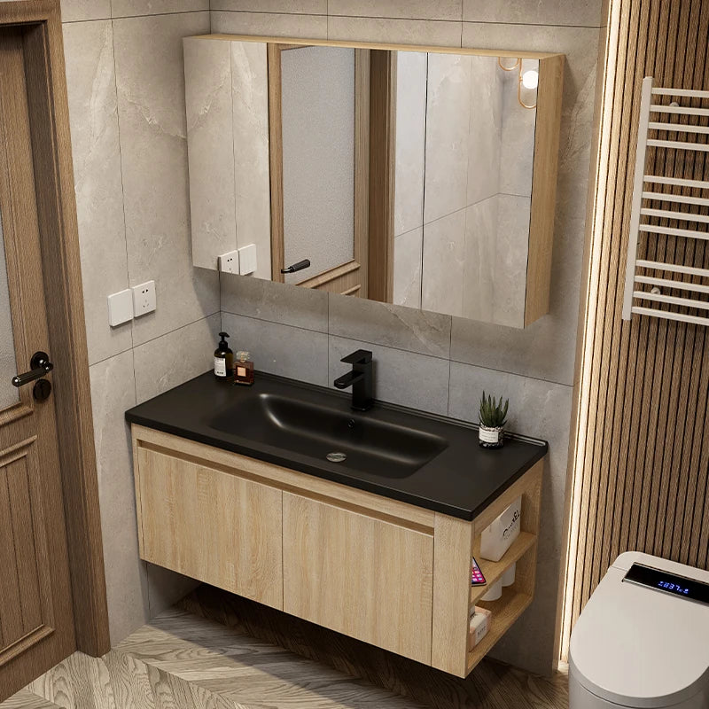 Leichter Luxus-Badezimmerschrank-Kombination, Badezimmer-Waschbecken, Gesichtswaschbecken, Toilettenholz, Waschbecken aus Keramik, integriertes Waschbecken im japanischen Stil