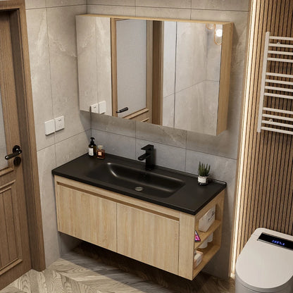 Leichter Luxus-Badezimmerschrank-Kombination, Badezimmer-Waschbecken, Gesichtswaschbecken, Toilettenholz, Waschbecken aus Keramik, integriertes Waschbecken im japanischen Stil