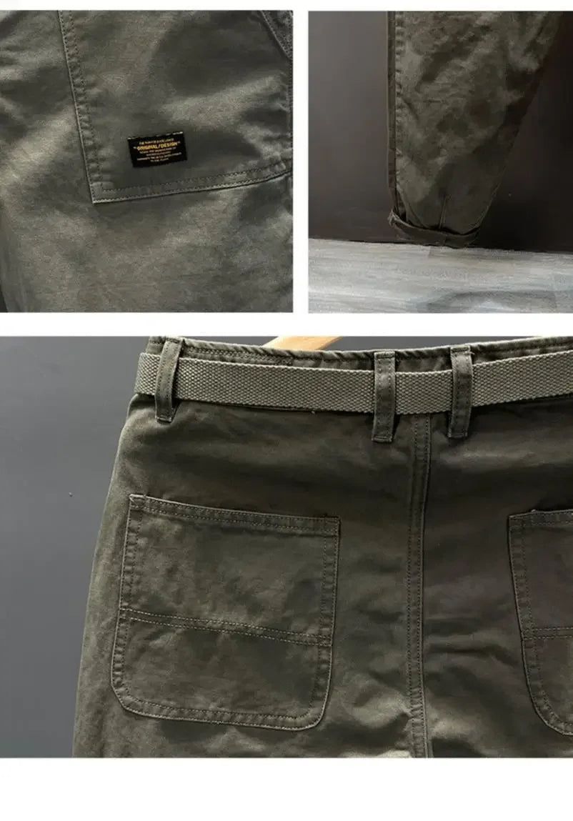 Autumn Summer Wide Leg Cotton Work Trousers Men's Cone Straight Loose Wear Resistant Pocket Pants Retro Wash Casual Workwear.