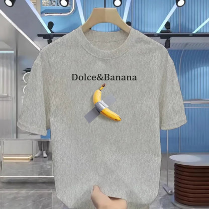 100% pure cotton banana print slimming for men in summer, suitable for casual round-neck short-sleeved T-shirt tops.