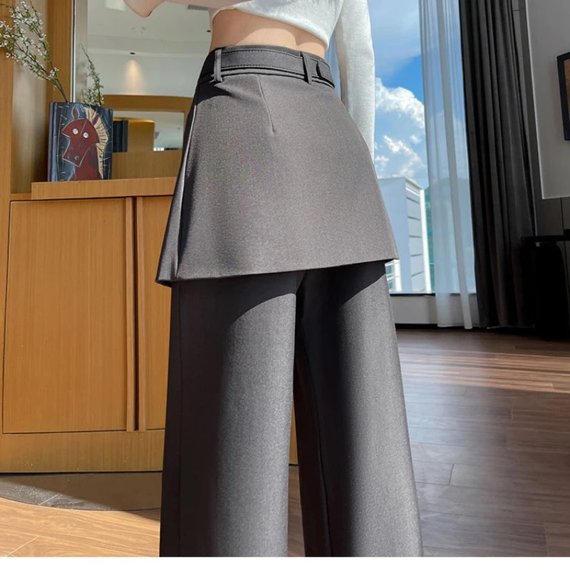 Design Style Fake Two-piece Curtain Suit Pants Women Fall High Waisted Wide Leg Trouser Office Ladies High Quality Straight Pant.