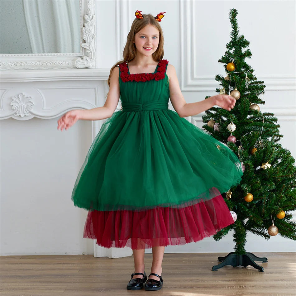 Mädchen Rot Grün Weihnachten Ballkleid Kinder Hochzeit Ball Party Abendkleid Prinzessin Vestido Kinder Karneval Leistung Kleidung.