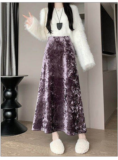 Plush Velvet Midi Skirt - 2025 New High-Waisted A-Line Mermaid Hem Skirt, Fleece-lined, Autumn Winter Thick Velvet Skirt.