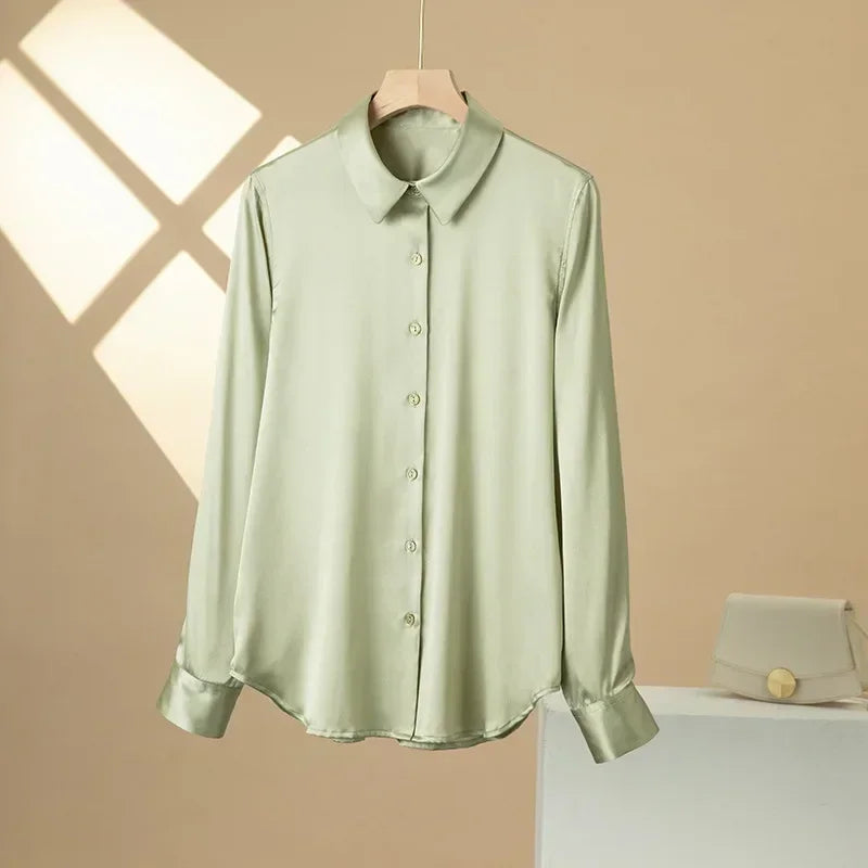 Woman Silk Shirt Long-sleeved Satin Women Blouse 19mm Mulberry Silk Blouse Loose Versatile Base Shirt 95% Natural Silk+5%Spandex