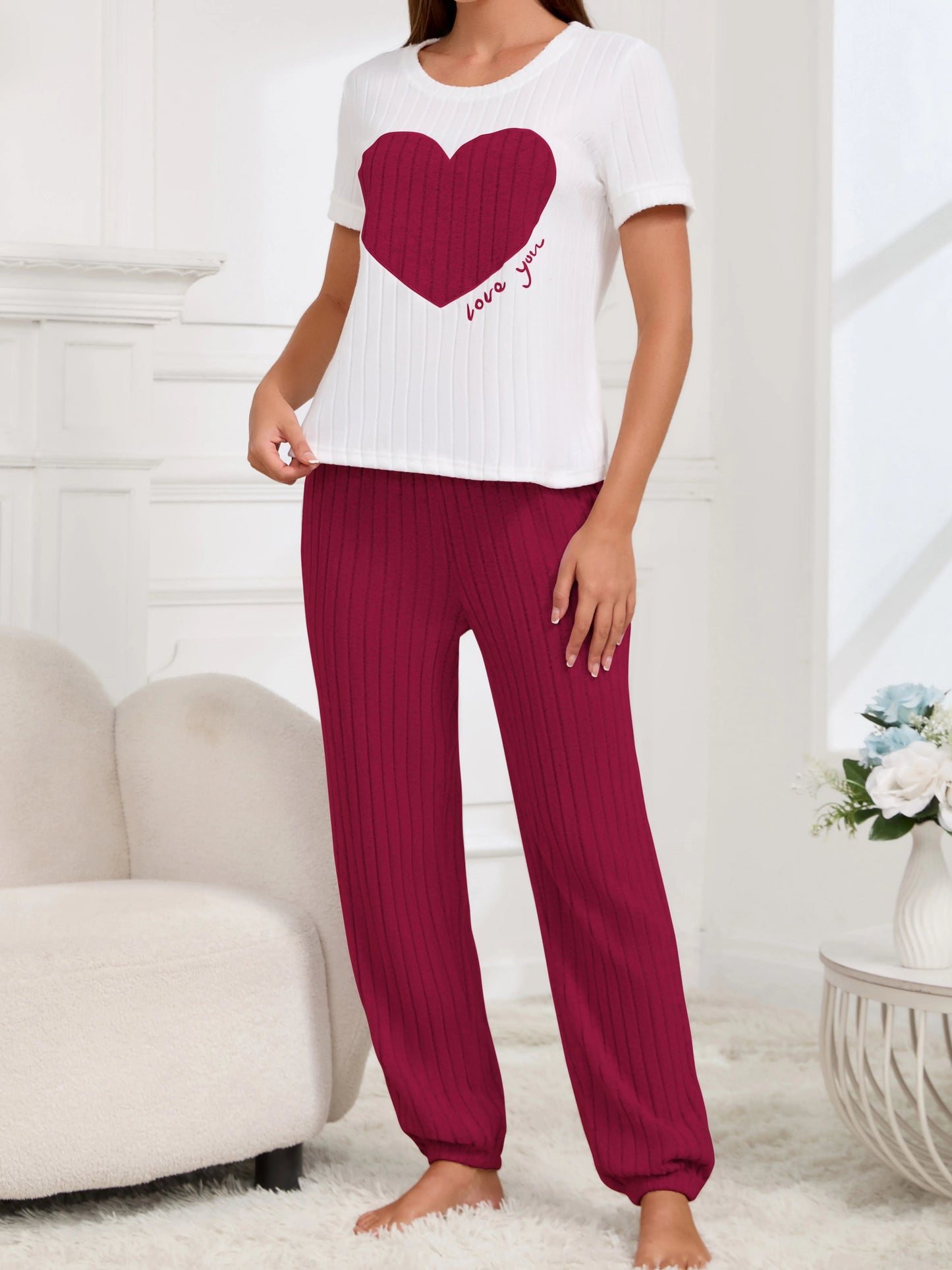 Damen-Pyjama-Set im neuen Stil, Herzmuster, kurzärmeliges Hemd, Hose, zweiteilig, einfach und schön, lässige Heimkleidung.