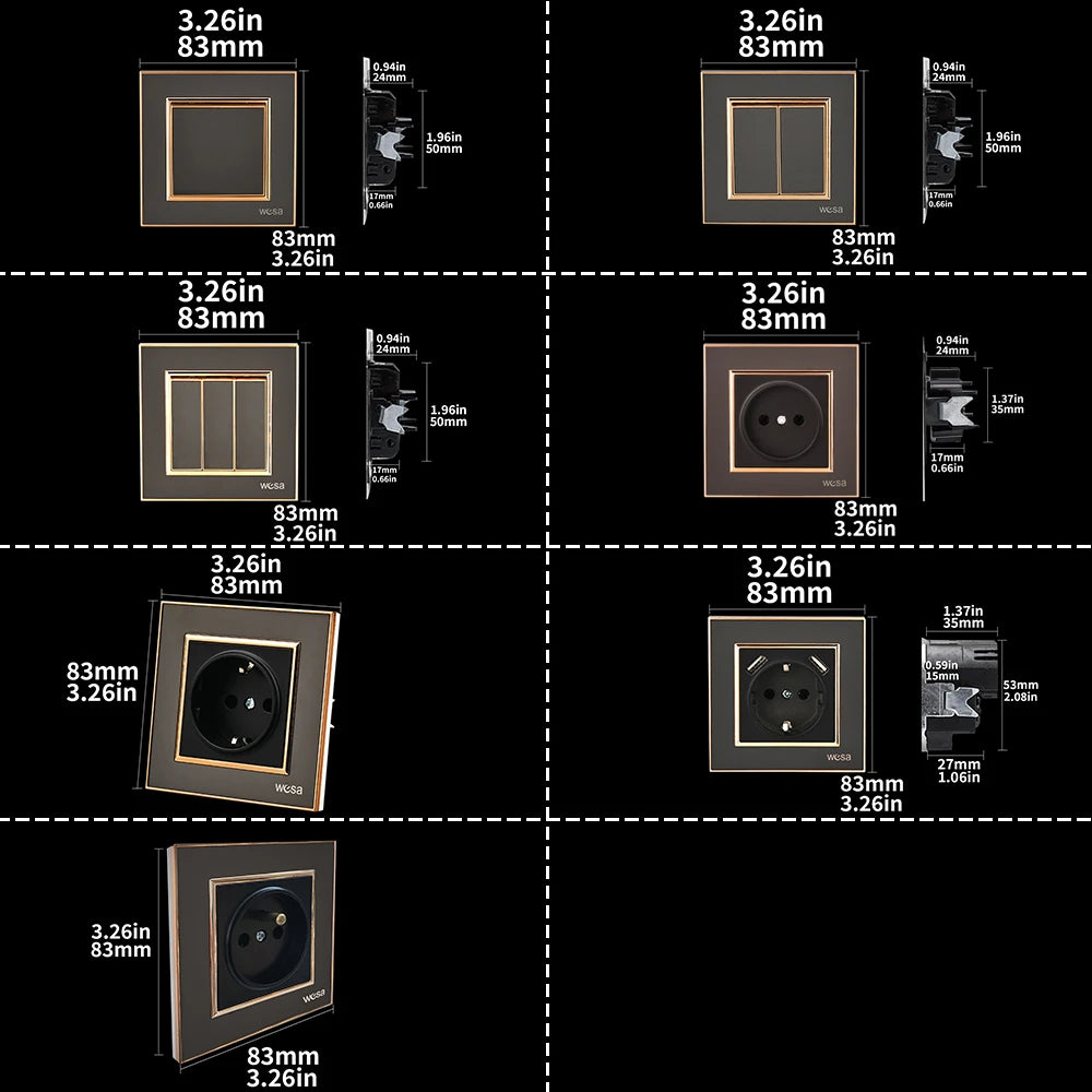 WESA Schwarze Spiegel-Acryl-Steckdose mit 2 USB-Steckdosen nach EU-Standard, Standard-Erdungsstecker, Steckdose, flammhemmend.
