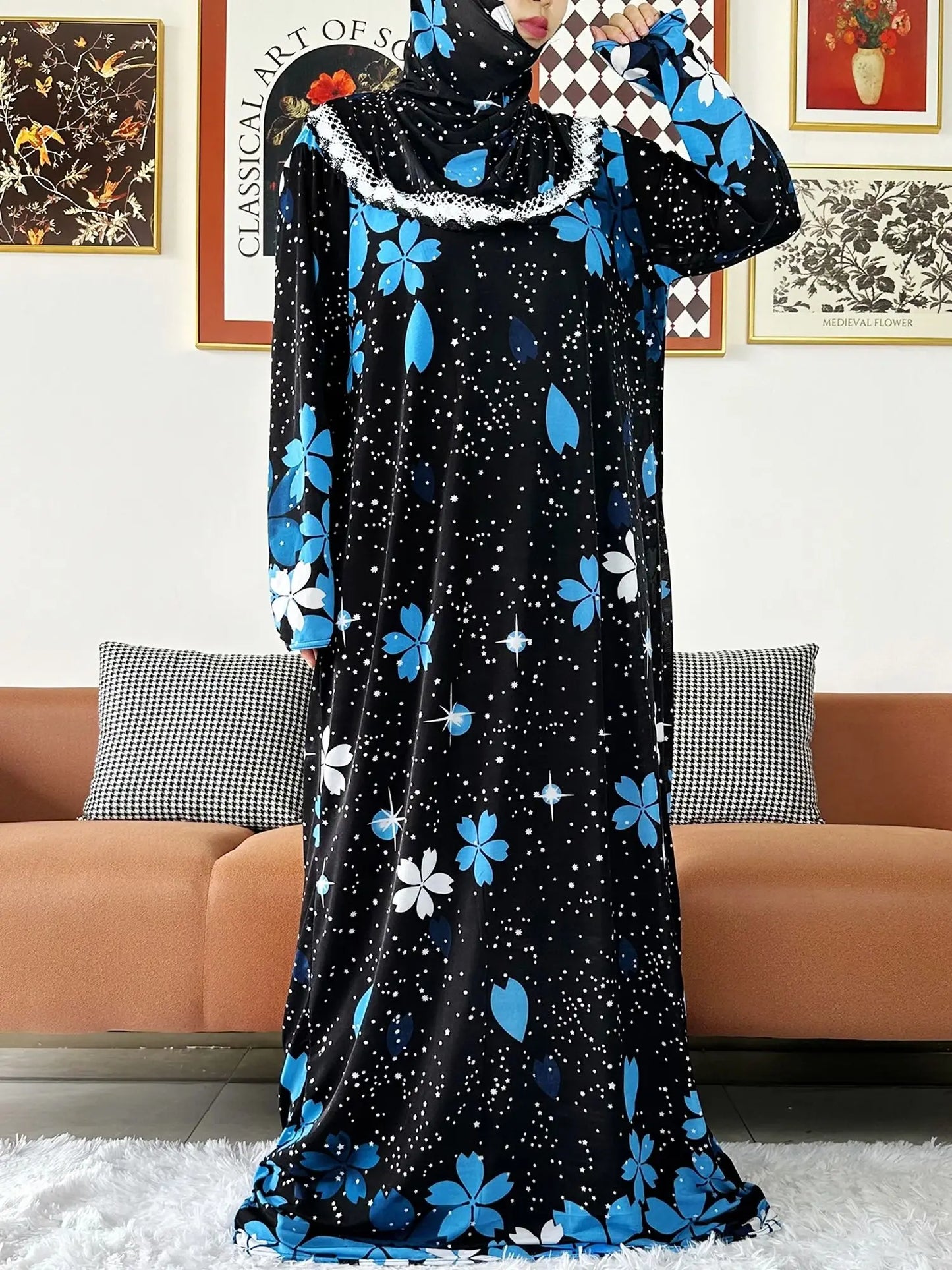 2023 Muslim Solid Cotton Abaya For Women Ramadan Prayer Garment Joint Hat Dubai Turkey Middle East Femme Robe Floral Loose Dress