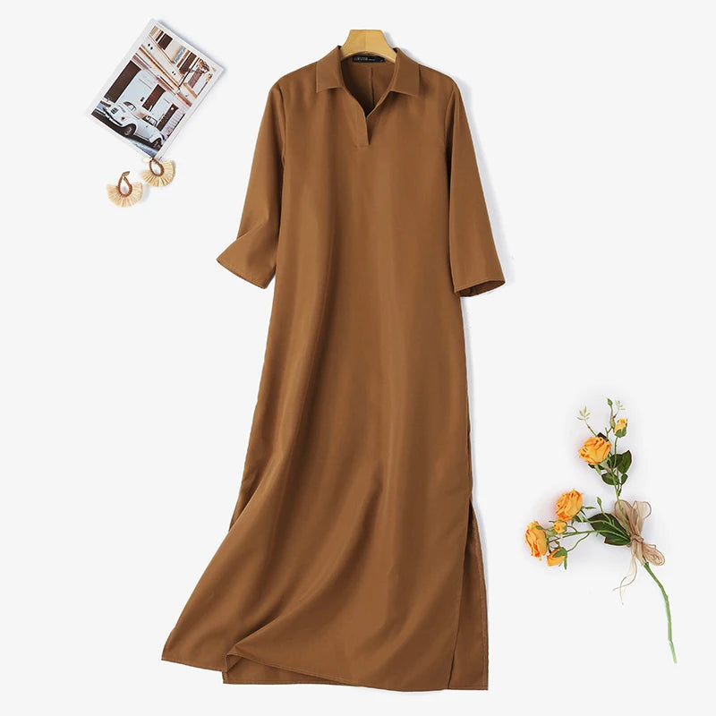 Zanzea Mode Frühling Revers Hals 3/4 Ärmel solide Kaftan Sommerkleid elegante Frauen langes Hemd Kleid Robe Femme Arbeit Party Vestido.