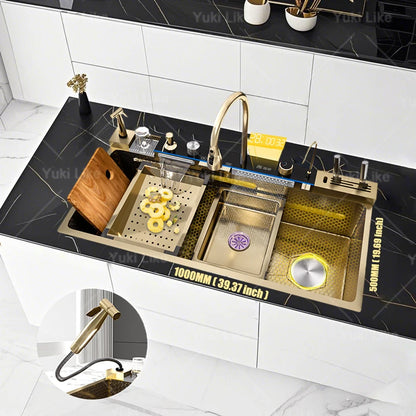 Stainless Steel Waterfall Kitchen Sink New With Draining Rack Digital Display Large Single Slot Dishwashing Sinks Wash Bowl