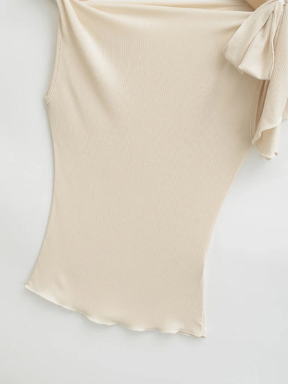 Shoulder Bared Short Sleeve T Shirt Women's Spicy Girl Design Slimming Top Summer New Style One Word Oblique Shoulder Tie Waist.