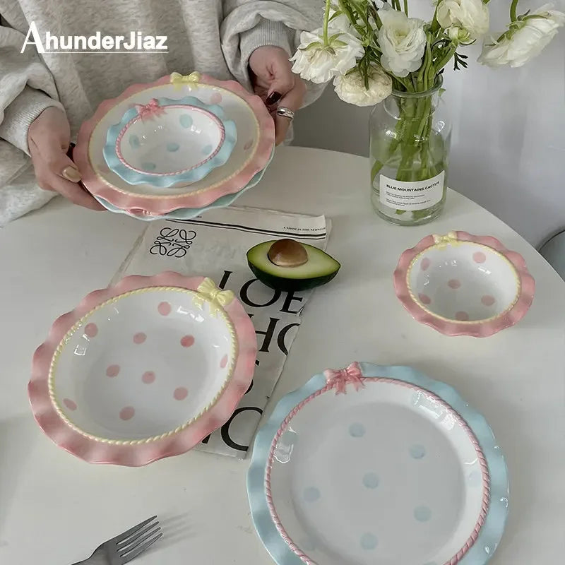 Cartoon Pink Ceramic Dinner Plate with Bow Knot, Household Dish, High Temperature Resistant, Deep Dish, Kitchen Tableware Set.
