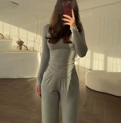 Solid Color Top Women Set Slim Fit Long Sleeved O-neck Top Pleated Straight Pocket Pants 2025 Spring/summer Vacation Women's Set.