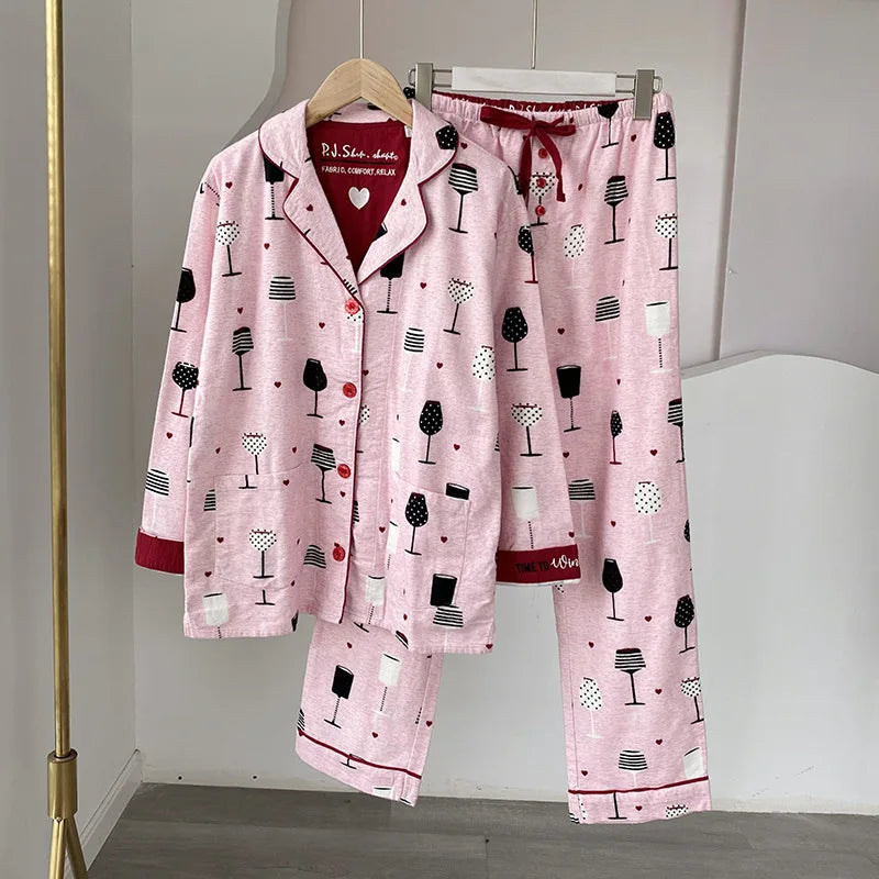 2025 New Pajamas Suit Cotton 2 Piece Set Women Print Cartoon Nightwear Long Sleeve Trousers Set Autumn Loungewear Home Clothes