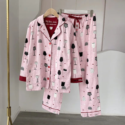 2025 New Pajamas Suit Cotton 2 Piece Set Women Print Cartoon Nightwear Long Sleeve Trousers Set Autumn Loungewear Home Clothes