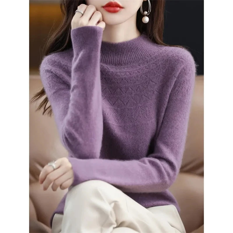 Neuer Kaschmirpullover für Damen, Herbst und Winter, 100 % reine Wolle, Hemden, Strickpullover, ausgehöhlte Strickwaren, weiche Pullover.