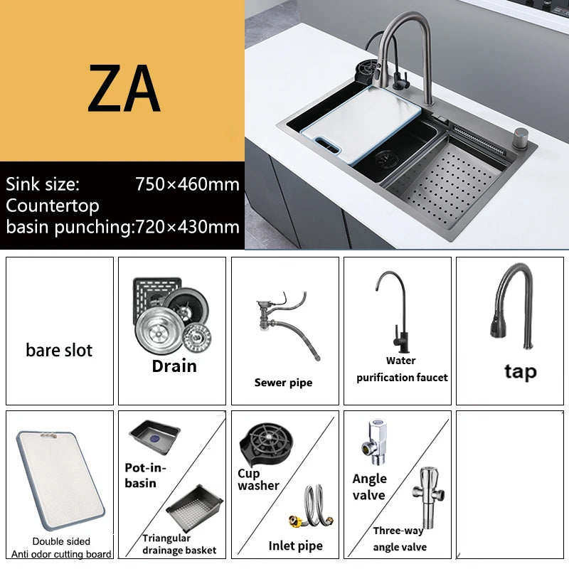 Stainless Steel New Kitchen Sink Household Piano Keys Multifunctional Waterfall Large Single Slot Dish and Vegetable Wash Basin