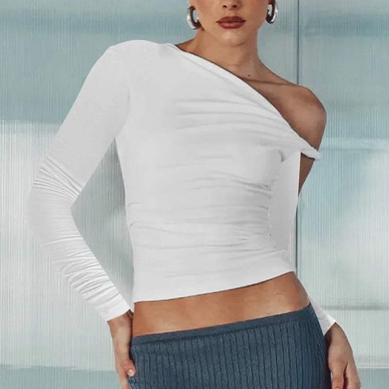Autumn Asymmetric Single Shoulder Long Sleeve Pleated Solid Color New Style YTP Women's Top Asymmetrical Neckline T-shirt.