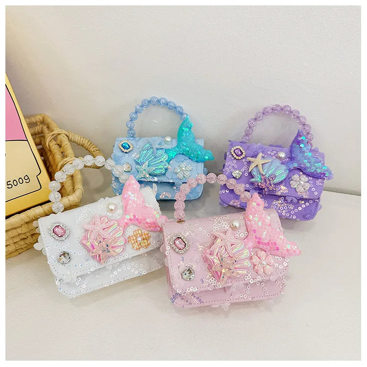 Lovely Sequin Girls Square Shoulder Bag Fish Tail Starfish Princess Crossbody Bags Bead Handle Children's Small Handbags Purse