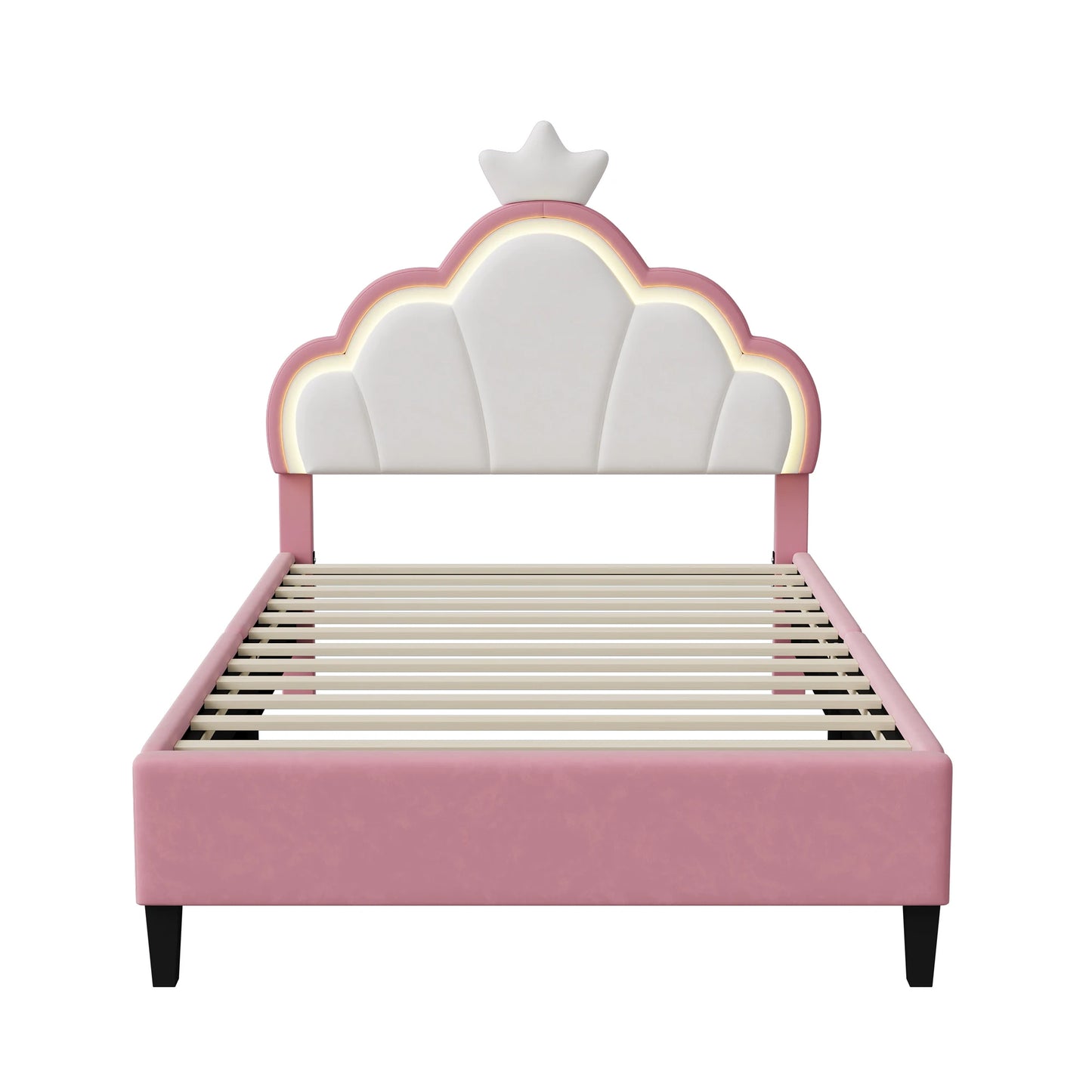 Lazyspace Samt-Polsterbett, LED-Kopfteil in Wolkenform mit dekorativer Krone, rosa Bettrahmen für Mädchen